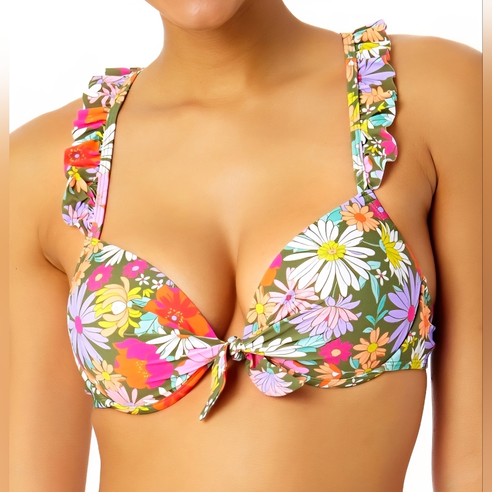 Salt + Cove Women's Printed Ruffle- Strap Push up Underwire Bikini Top, Small